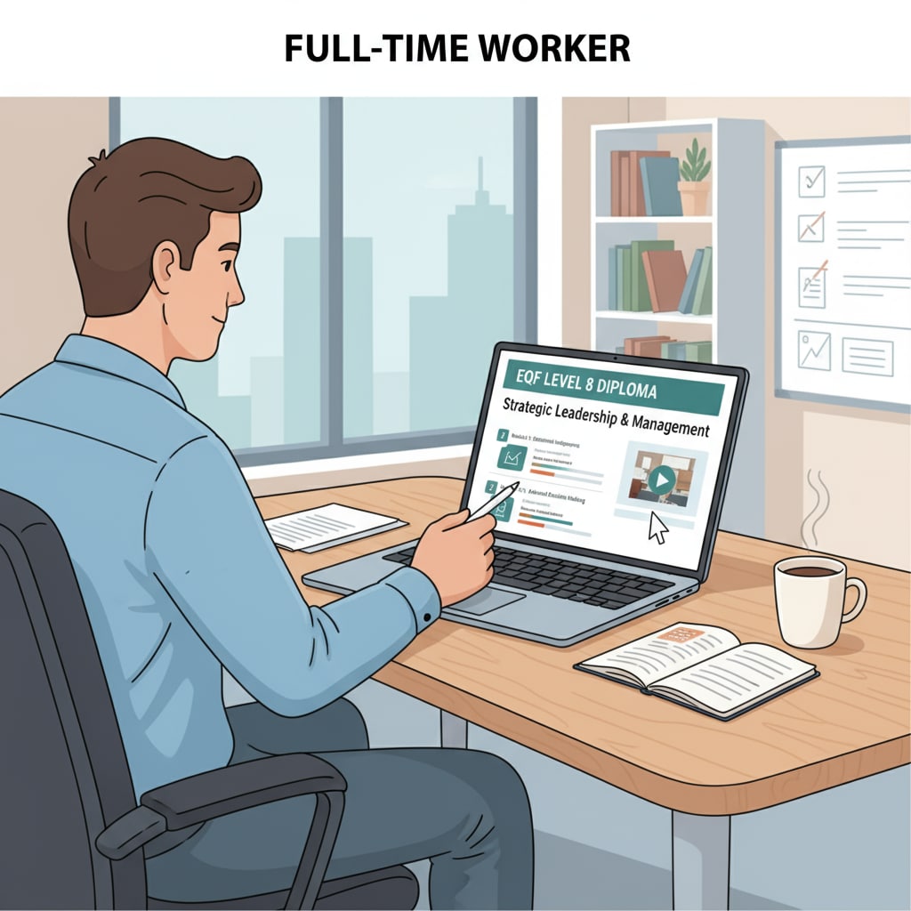 An illustration showing a full-time worker sitting at a desk, studying an online EQF 8 course on a laptop. A full-time worker engaged in online EQF 8 studies.