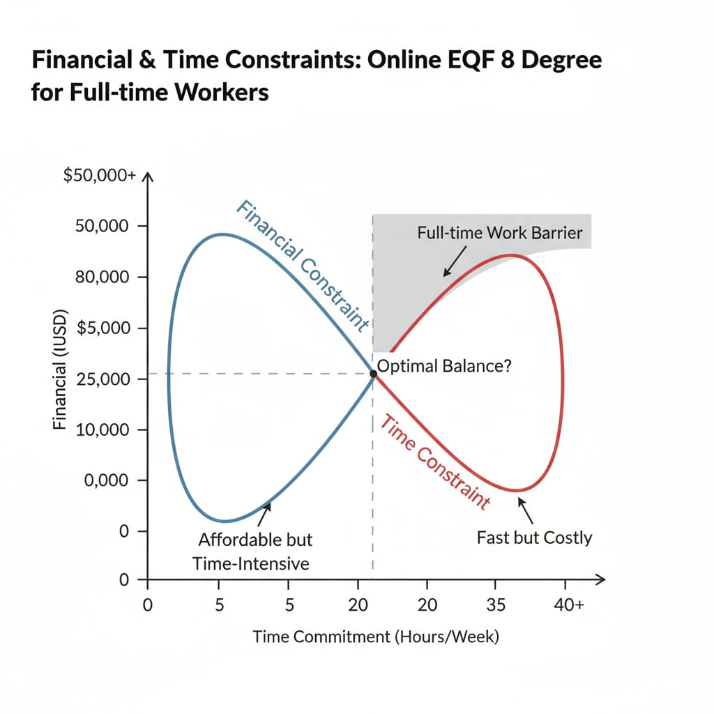 A graph depicting the financial and time constraints faced by full-time workers while considering an online EQF 8 degree. Graph showing challenges for full-time workers pursuing an online EQF 8 degree.