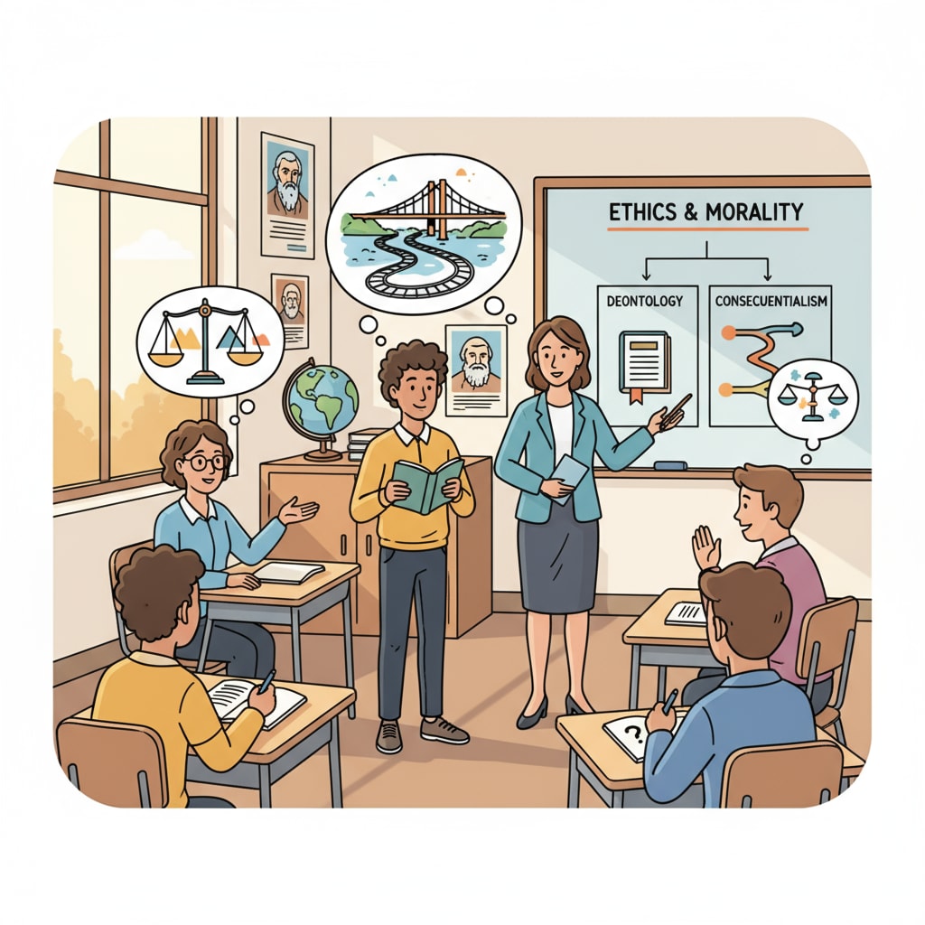 A classroom scene where students are engaged in a discussion about moral philosophy Students discussing moral philosophy in a K12 classroom