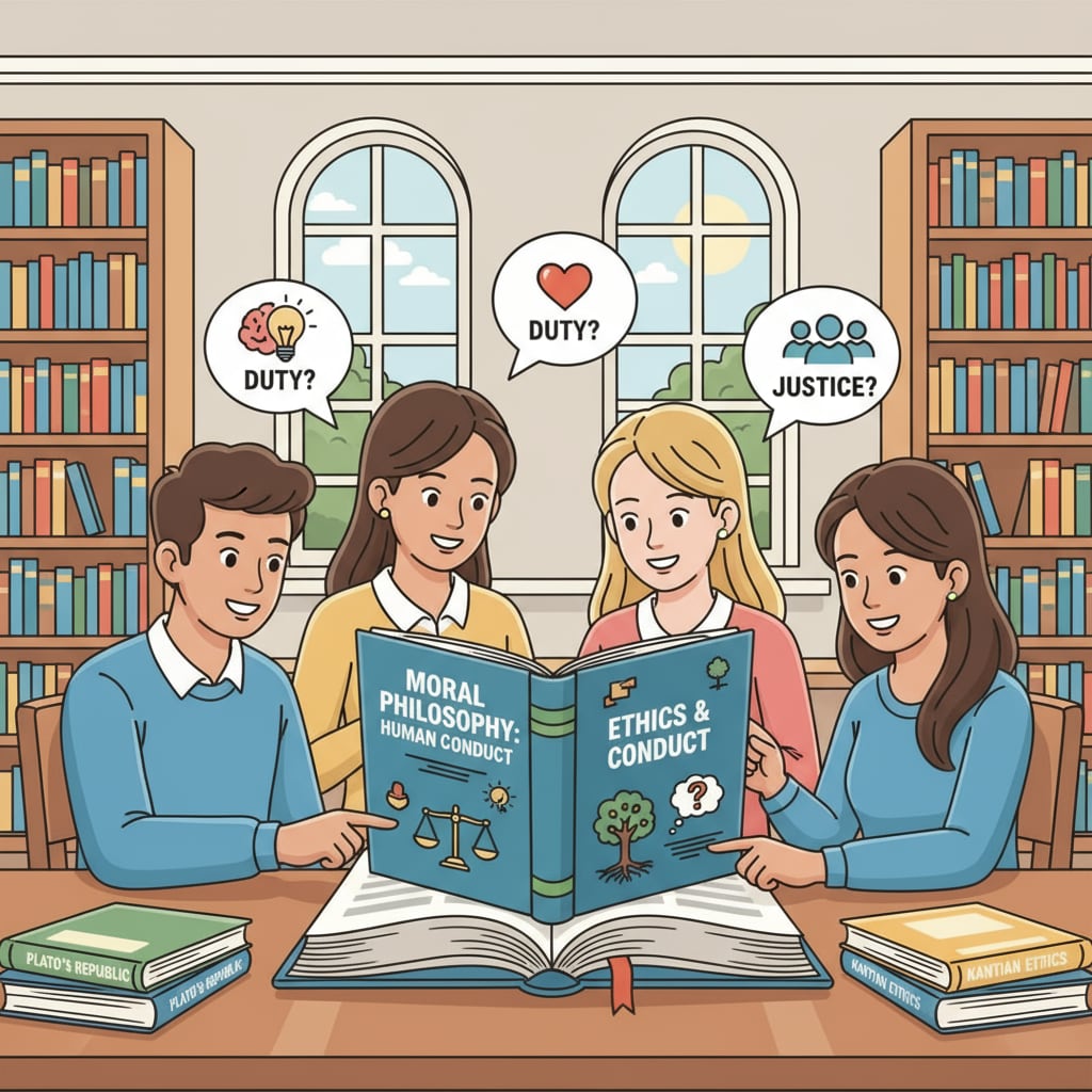 A group of students looking at books on moral philosophy K12 students exploring books related to moral philosophy