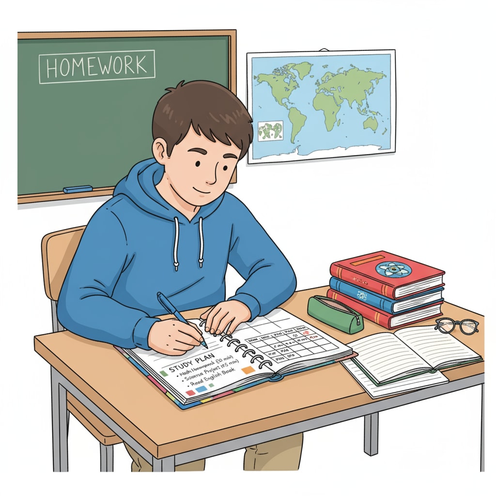 K12 student managing study time with a planner, related to time management and learning balance