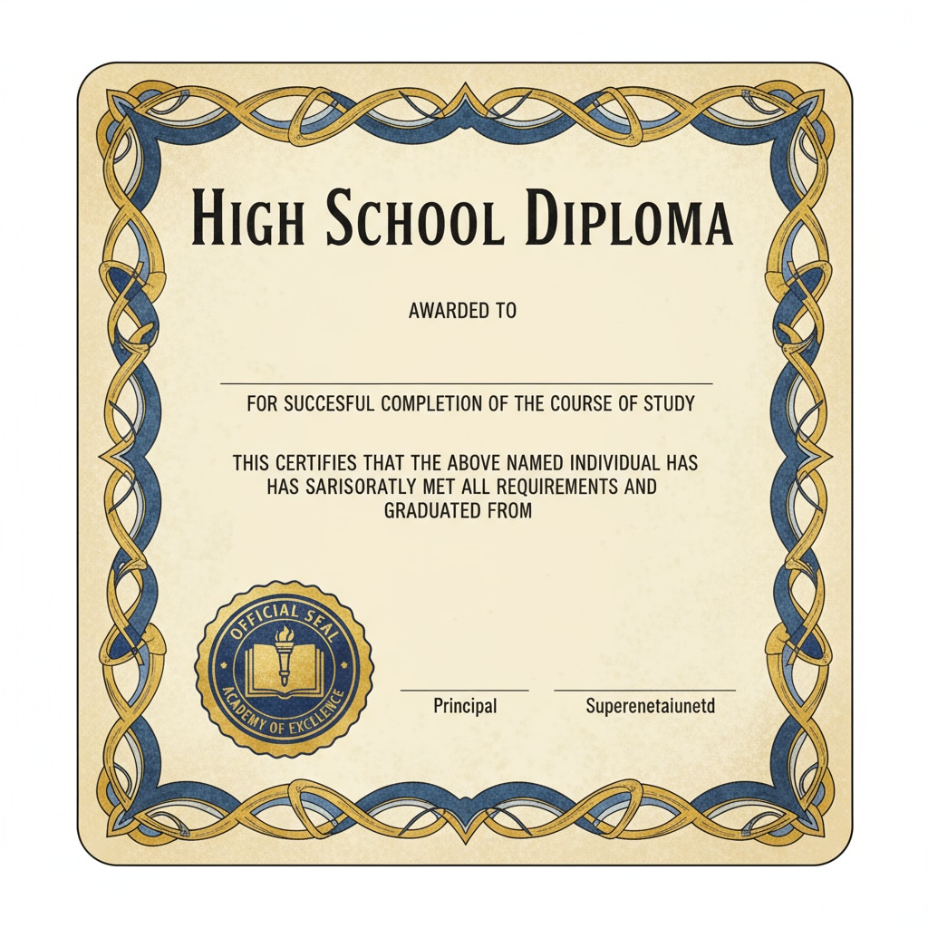 A close-up of a high school diploma, highlighting the official seal and details, representing the formal high school qualification. High school diploma as a formal qualification in adult education context related to GED comparison