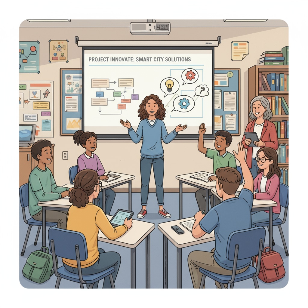 A student presenting an idea during a class discussion, highlighting communication and critical thinking skills in a school environment. Student presenting an idea in secondary education for workplace readiness