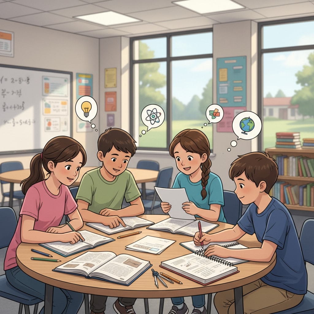 A group of K12 students are sitting around a table, books and notes spread out, discussing and studying together. K12 students engaged in exam revision using effective learning methods for academic success