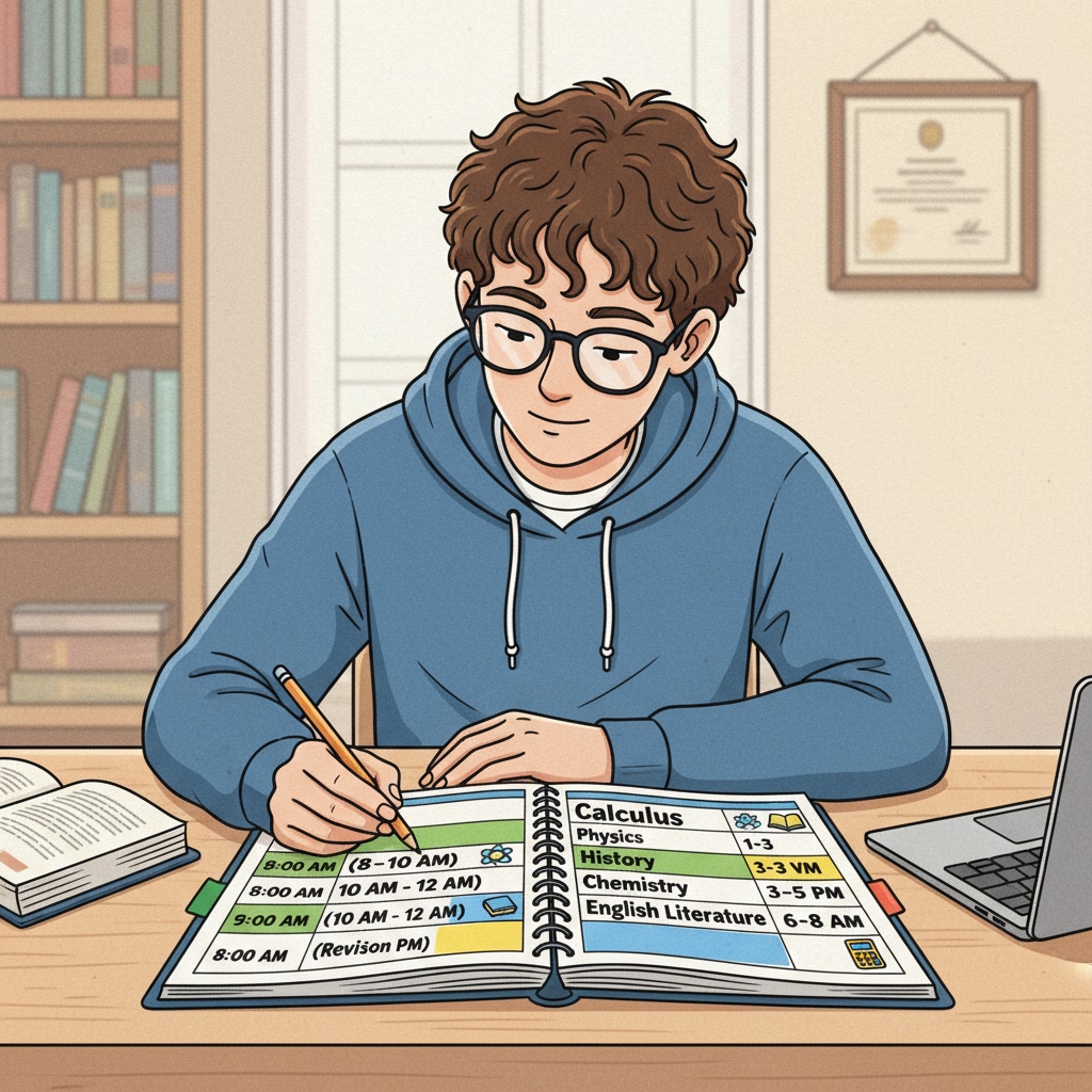A student is looking at a planner with a detailed study schedule written in it, highlighting different time slots for various subjects. A K12 student referring to a study schedule for exam preparation to achieve academic success