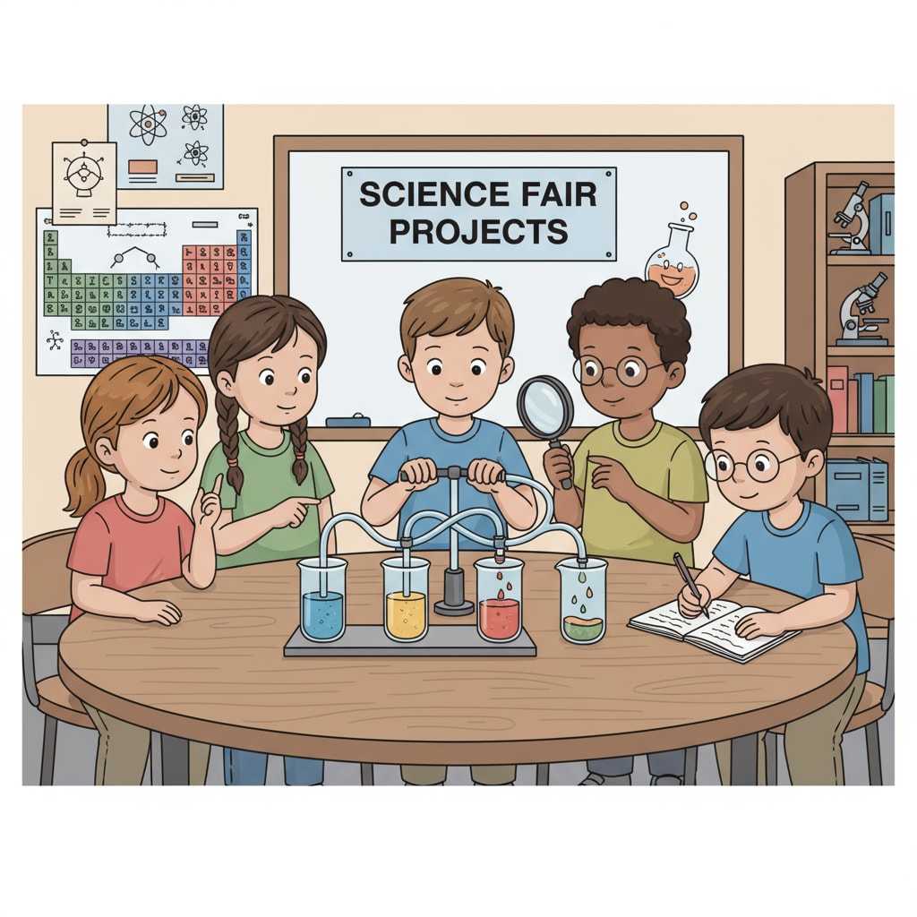 Primary school students observing a science experiment for science fair projects