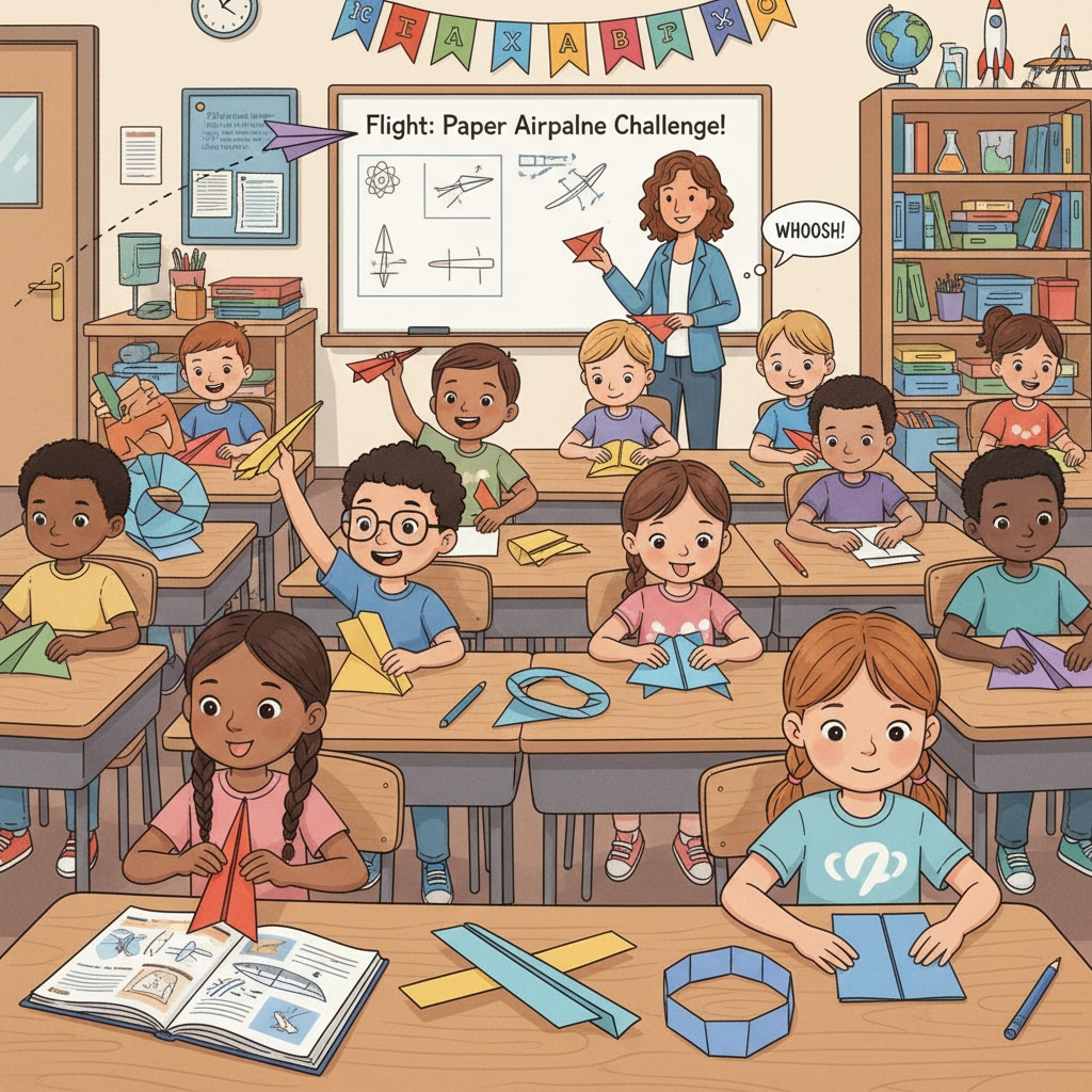 Primary school students making paper airplanes for a science experiment project