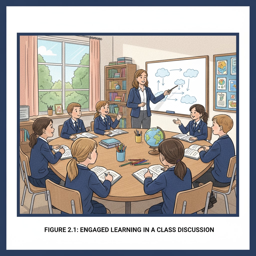 Students in a private school class discussing educational matters relevant to educational choices, private schools, public schools, and children's education.