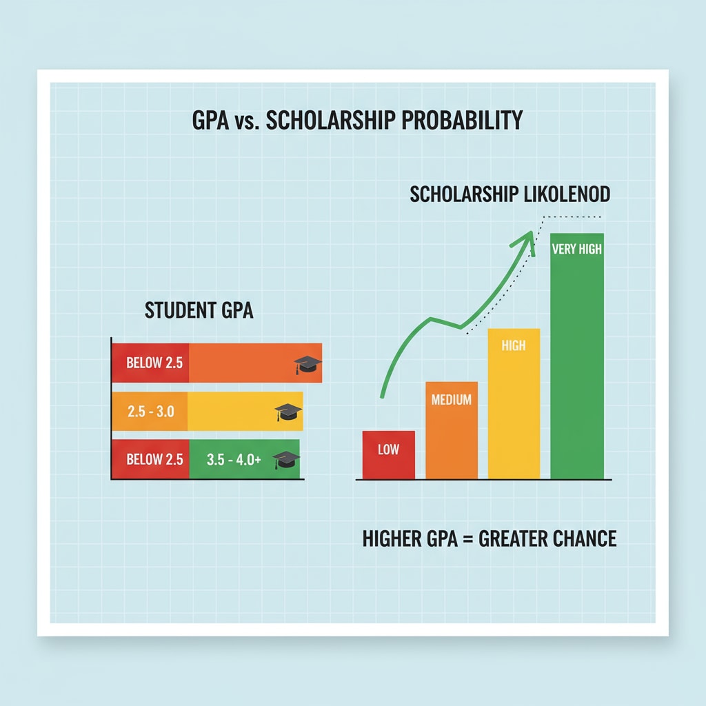 A graph depicting the correlation between a student's GPA and the likelihood of receiving a scholarship. It shows how higher GPAs generally lead to a greater chance of being awarded a scholarship. GPA and scholarship awards relationship graph