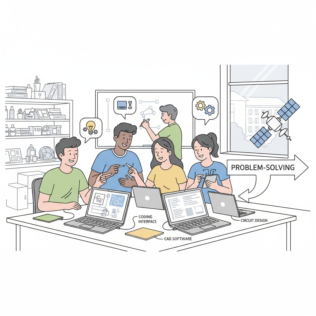 A group of students collaborating on a technical project, with laptops open and discussing ideas. This represents the practical application of technical skills. Students working on a technical project