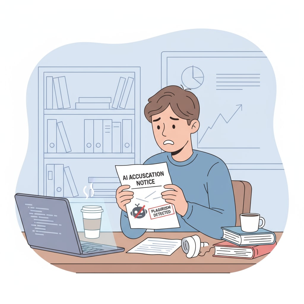 A worried student holding a paper with an AI accusation