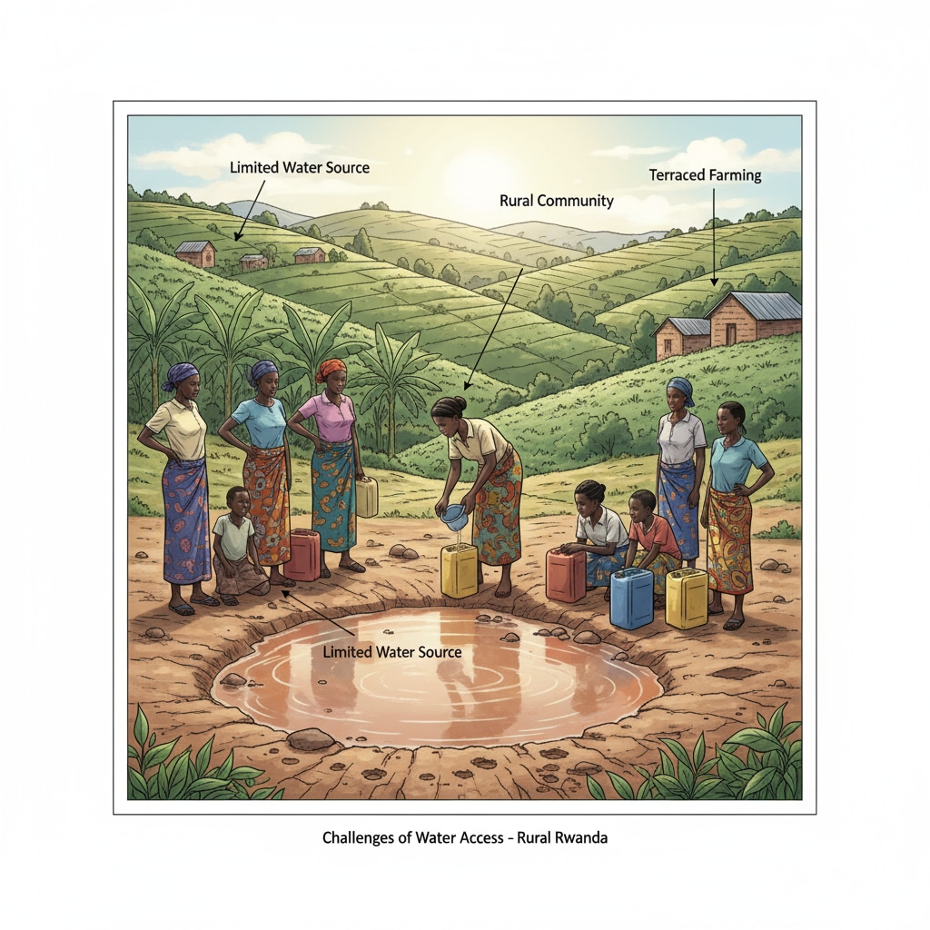 A view of a rural area in Rwanda with a small, muddy water source. The landscape shows the challenges of accessing clean water in the region. Rural Rwandan landscape highlighting water resource challenges for STEM education