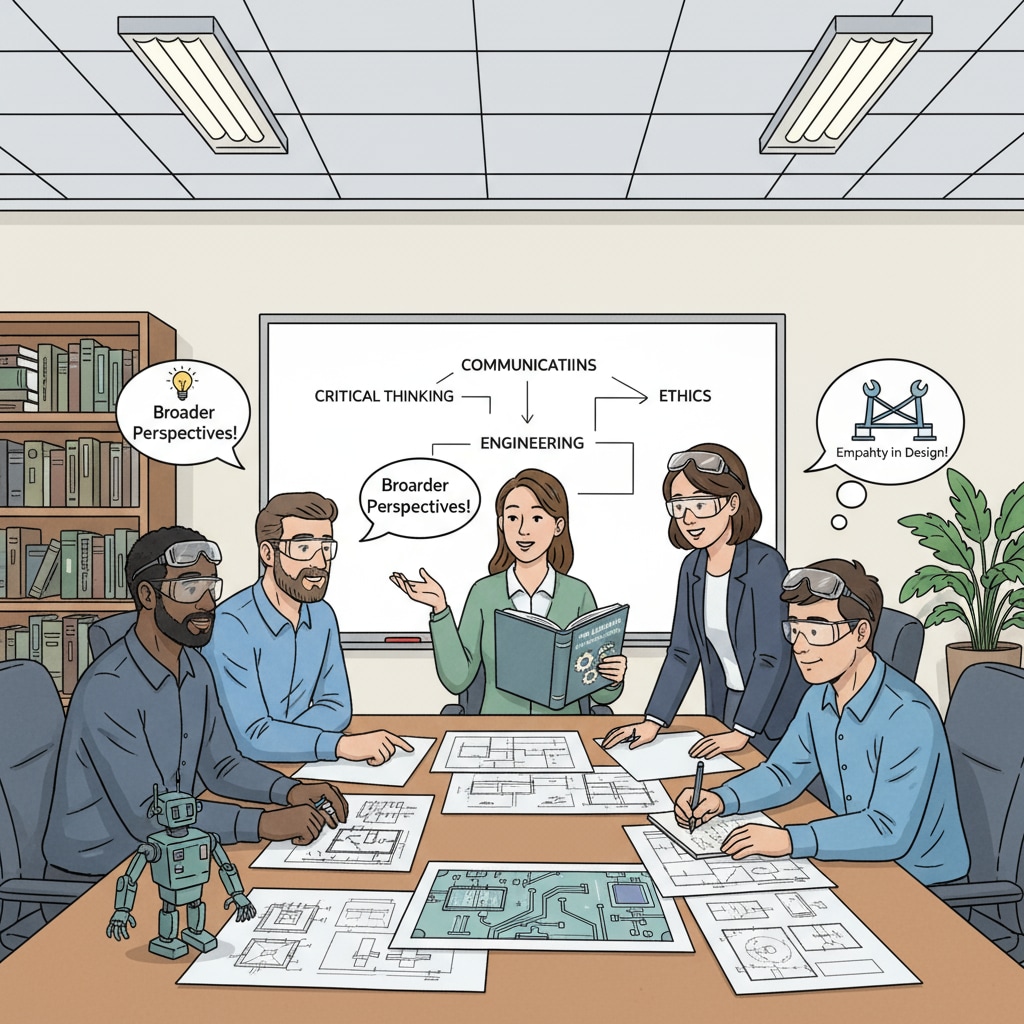 Engineers discussing liberal arts book for knowledge enhancement