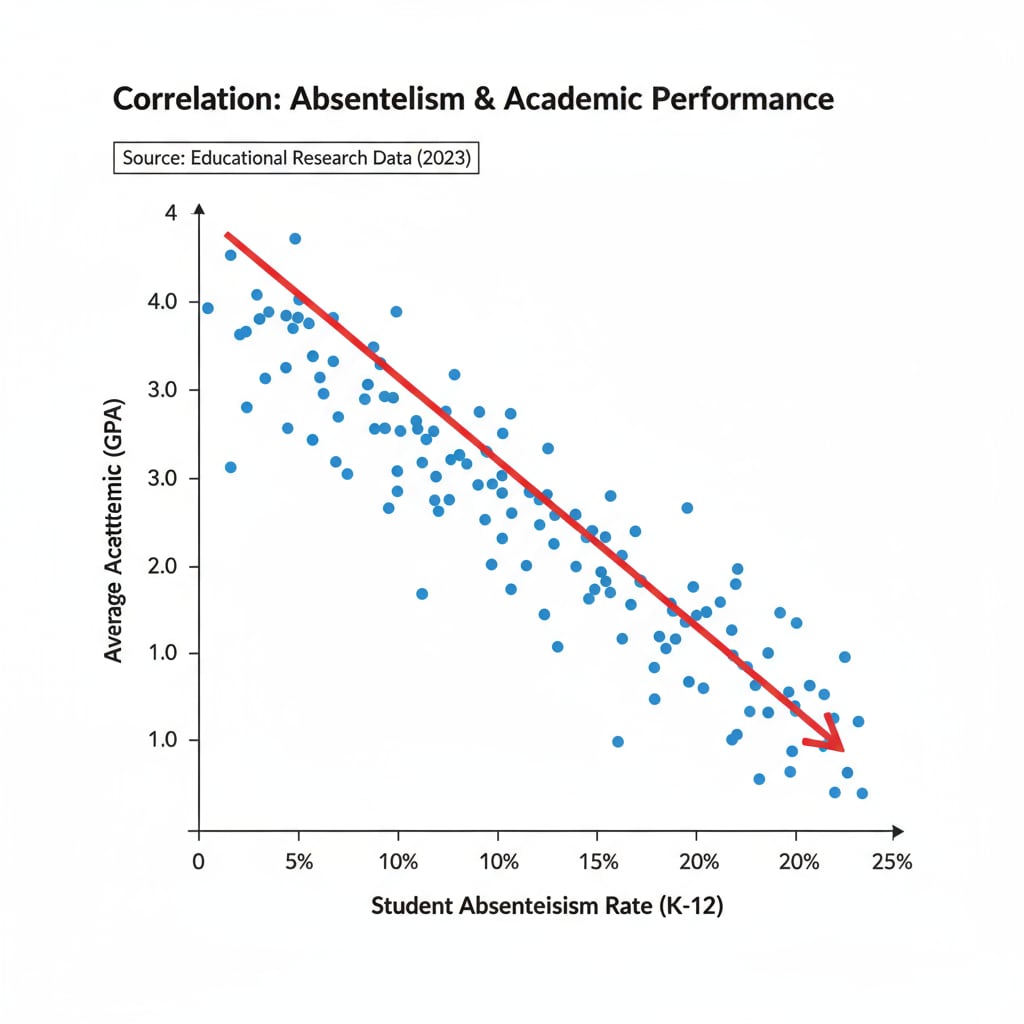 Graph depicting the relationship between absenteeism and academic performance relevant to academic expulsion, student failure, and college impact
