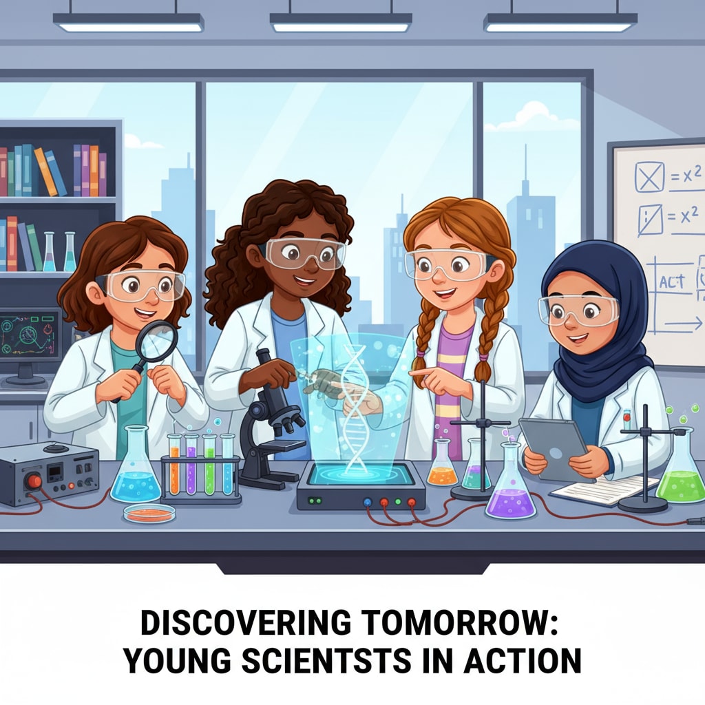 A group of girls are engaged in a STEM experiment, working together with enthusiasm. Girls participating in a STEM experiment related to gender differences and teaching methods