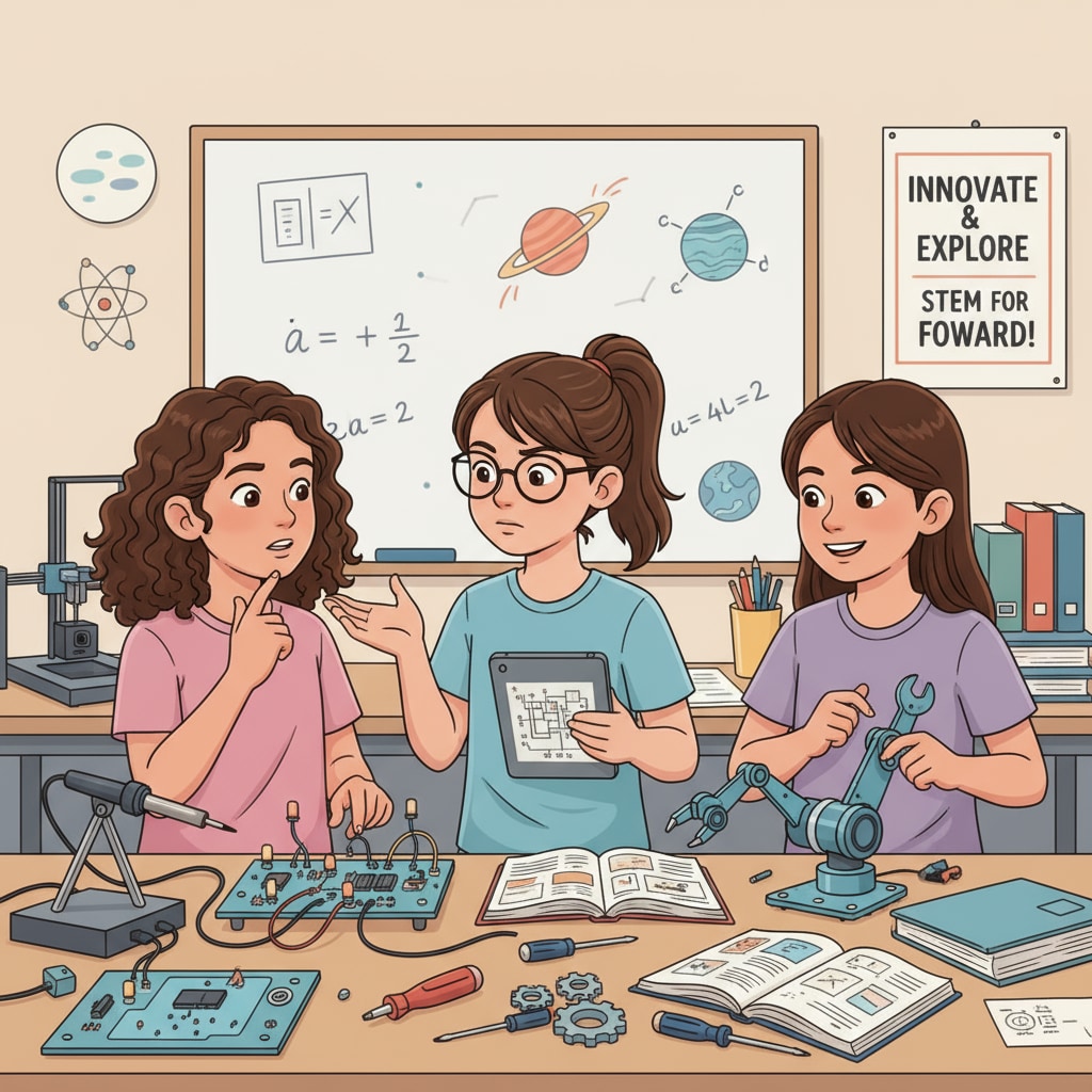 Girls are collaborating on a STEM project, discussing ideas and sharing their knowledge. Girls collaborating on a STEM project to address gender differences and teaching methods