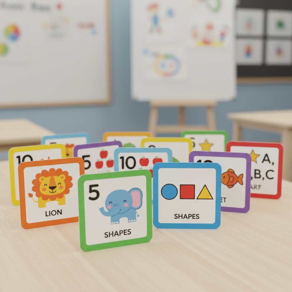 A set of colorful flashcards with basic knowledge topics like animals, numbers, and shapes, laid out on a table. Colorful flashcards for kids' basic knowledge learning