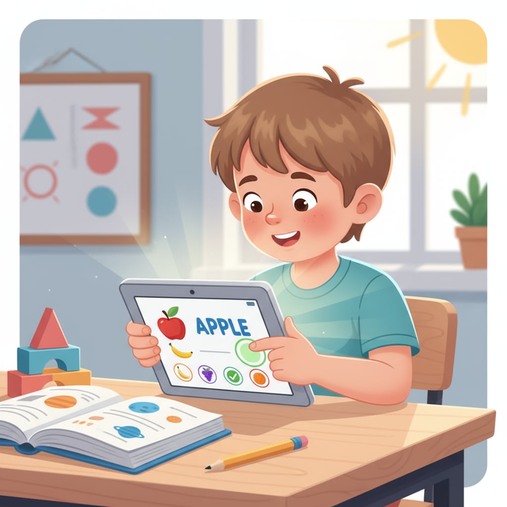 A child using a digital flashcard app on a tablet, smiling and interacting with the screen. Child using digital flashcard app for basic knowledge acquisition