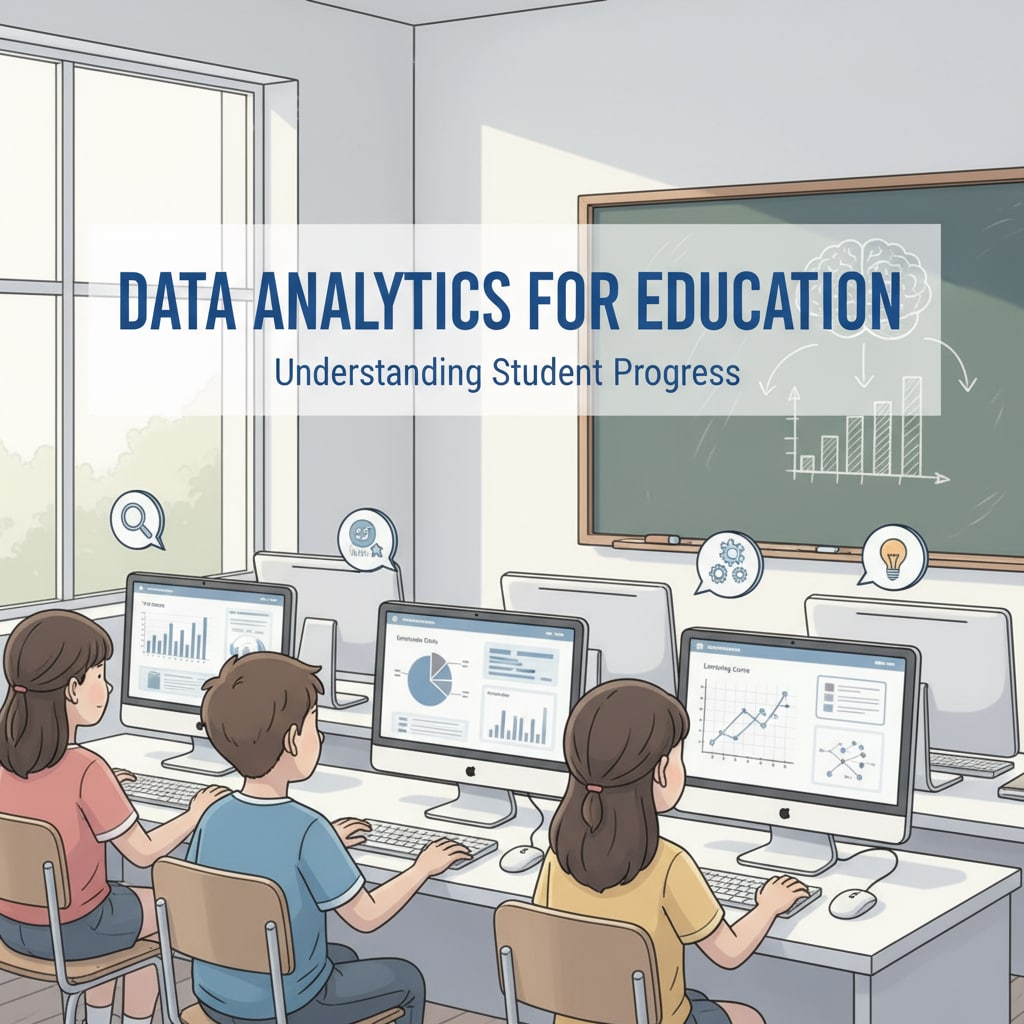 A group of students are sitting in front of computers, analyzing educational data on screens, with graphs and charts visible. Students Analyzing Educational Data for Teaching Evaluation in a Graduate Program