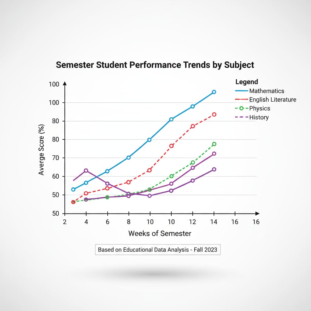 A graph shows the performance trends of students over a semester, with different subjects and scores plotted, based on educational data analysis. Student Performance Trends Graph from Educational Data Analysis for Teaching Evaluation