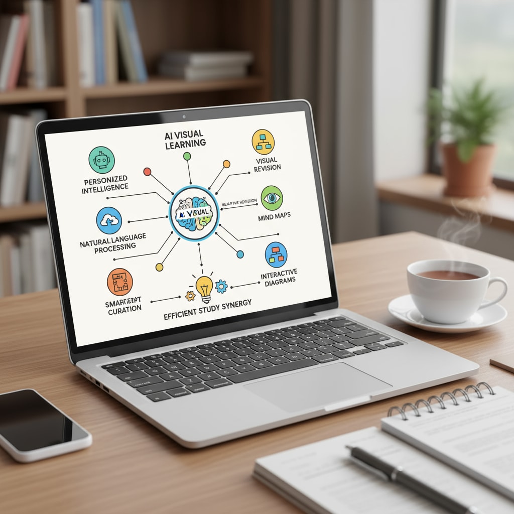 A student is using an AI learning tool on a laptop, and a mind map is shown on the screen, representing the combination of AI and visual learning for efficient study. A student using AI learning tools and mind maps for efficient learning