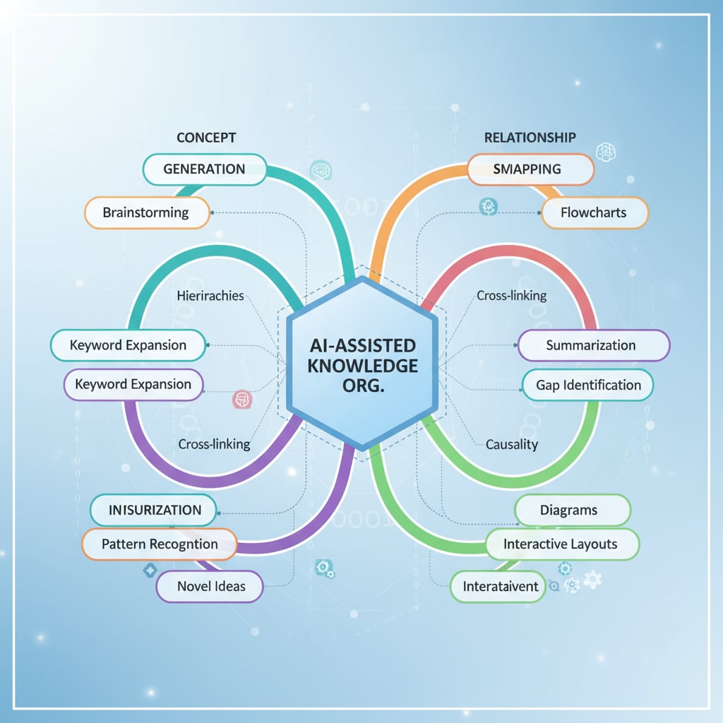 A close-up view of a digital mind map created with the help of an AI tool, highlighting the organized structure of concepts. Digital mind map created with AI for efficient learning