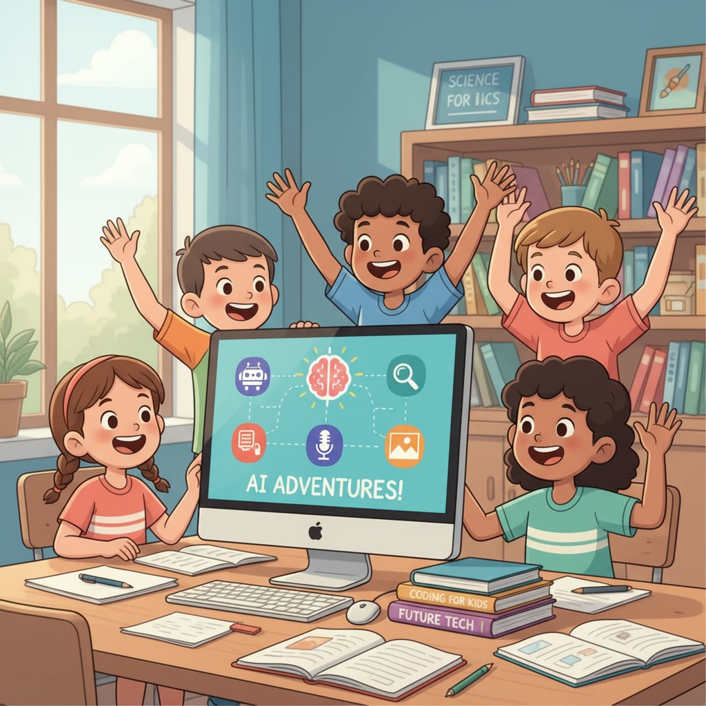 Children exploring AI applications with curiosity, related to children's AI exploration, AI avatar creation, and technology safety education