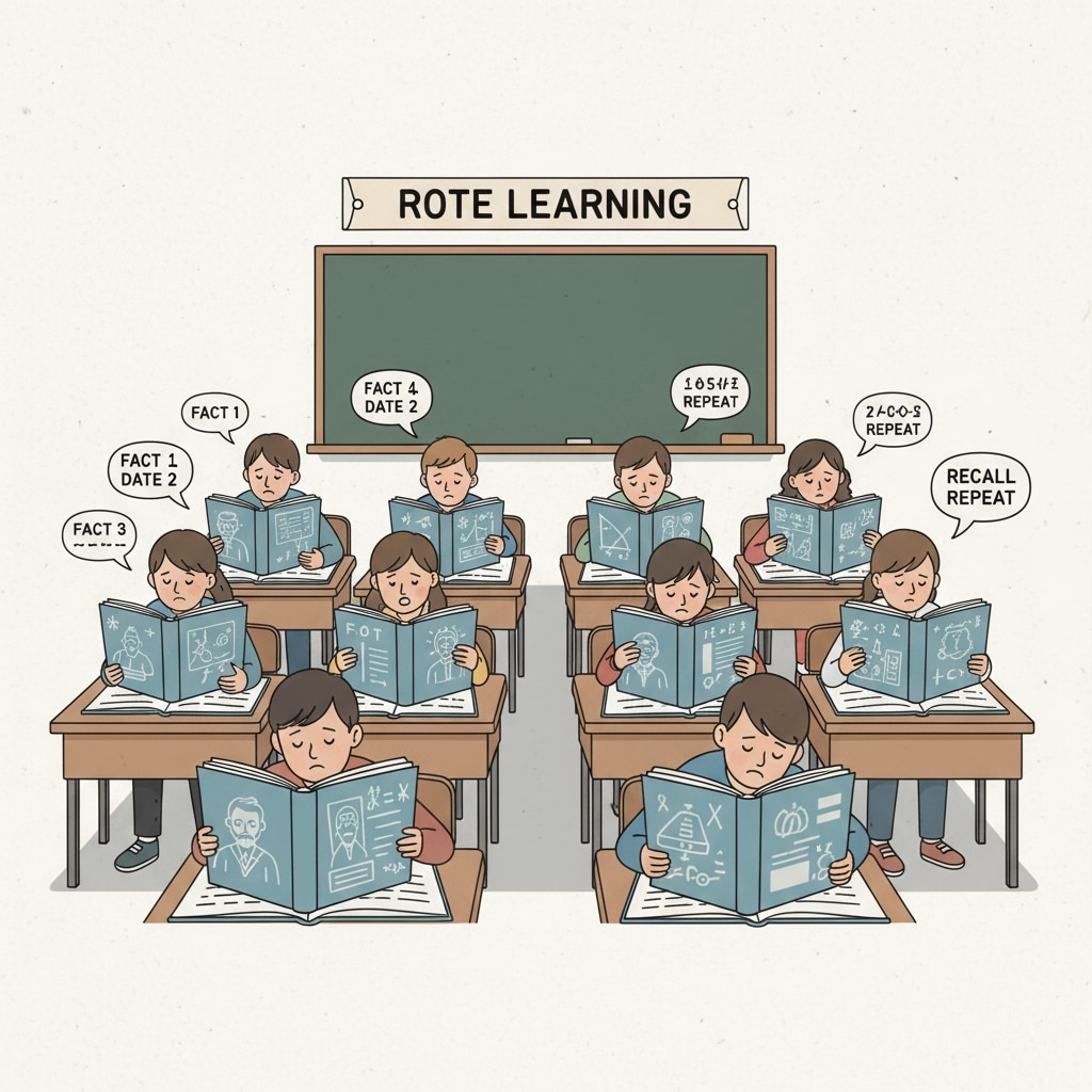 A classroom scene where students are rote memorizing information. Students are sitting at their desks, looking at textbooks and repeating information without much enthusiasm. Classroom scene highlighting the problem of rote memorization in the education system related to teaching methods and teacher influence