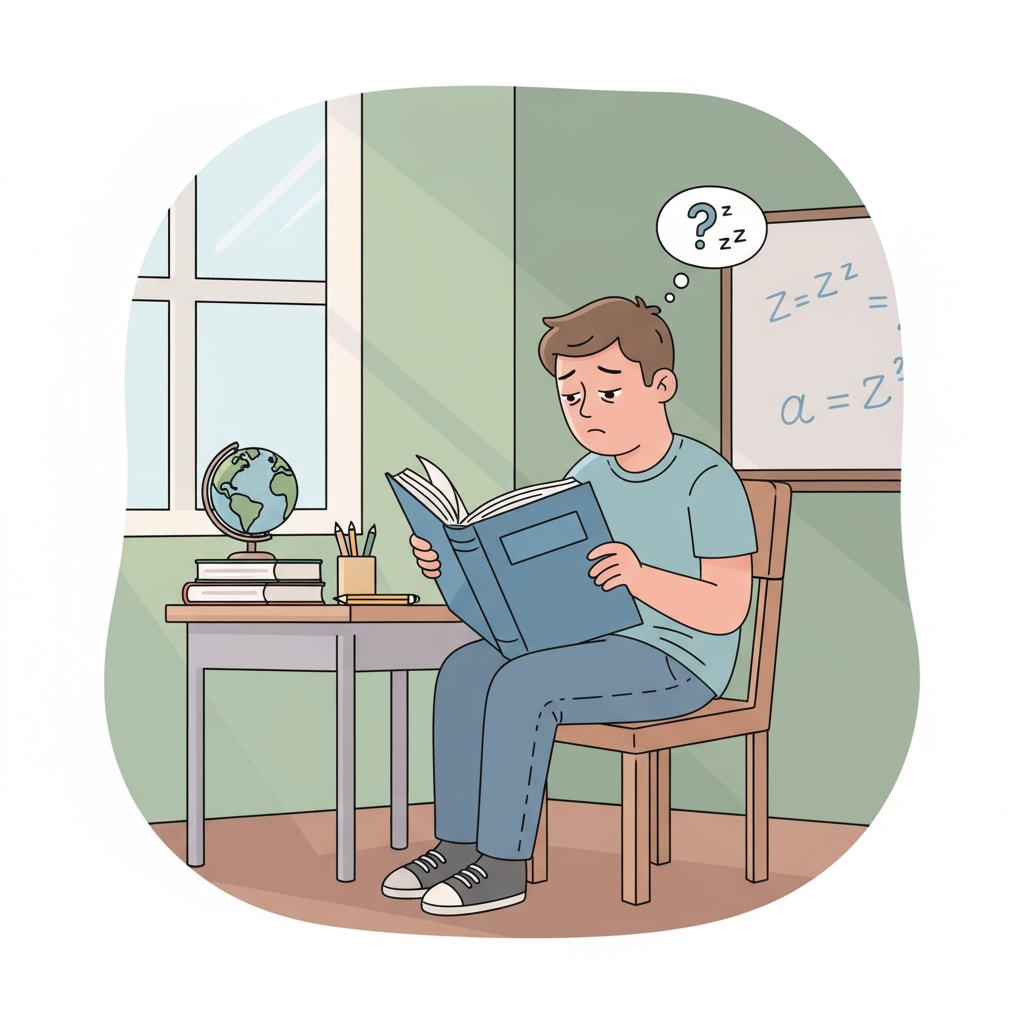 A student looking bored while studying from a thick textbook. The student is slouching in the chair, with a bored expression, flipping through the pages of a large textbook. Image showing the negative impact of traditional teaching methods on students in the context of the education system and teacher influence