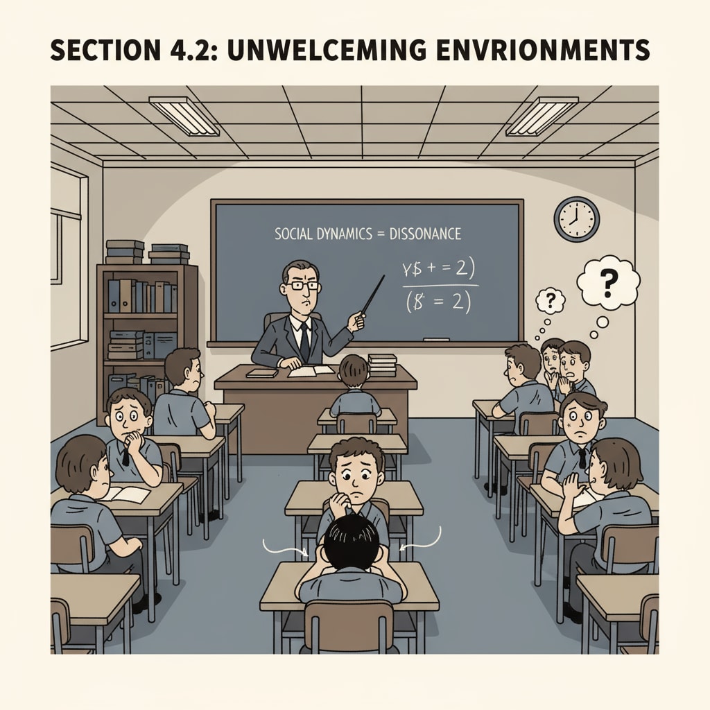 A classroom scene where students seem uncomfortable due to an unfriendly atmosphere. Some are looking around uneasily, and there's a sense of tension in the air. A classroom with an unfriendly atmosphere due to interpersonal hostility and school bullying