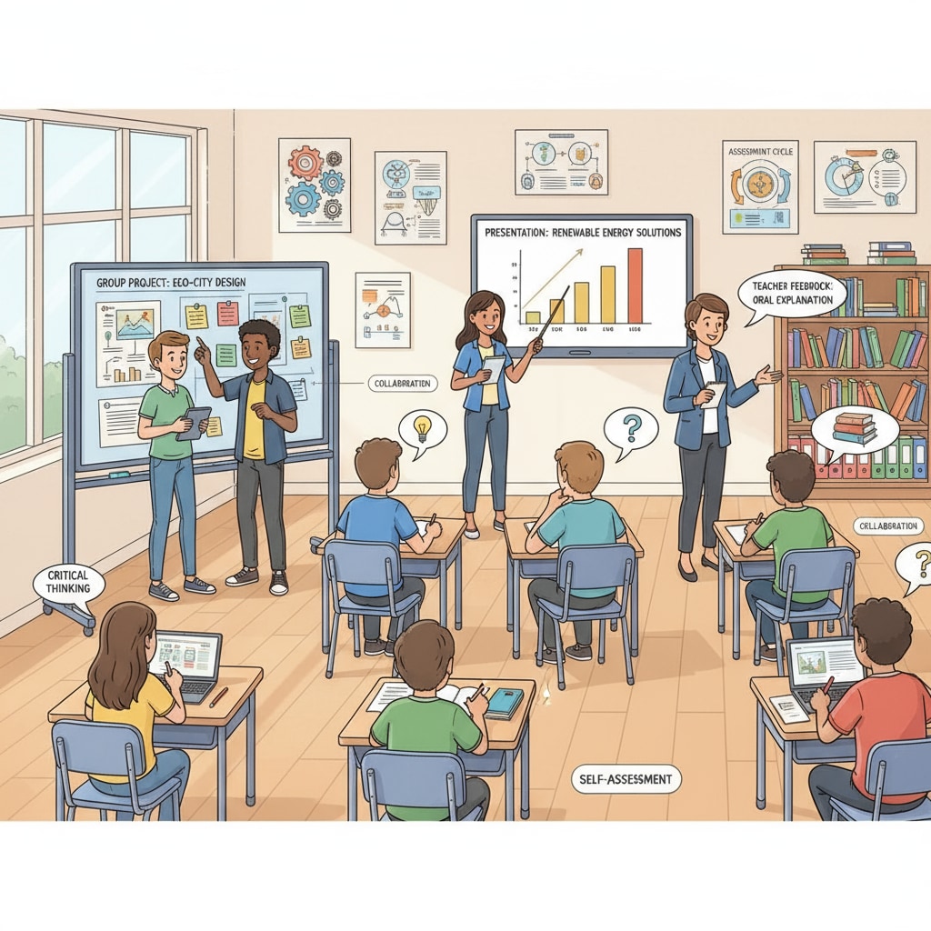 A classroom scene where students are engaged in various learning activities related to assessment. Some are working on group projects, some are presenting their ideas, and the teacher is observing and providing feedback. This represents a more comprehensive way of assessing students' abilities. A classroom scene for education assessment, student ability measurement, and teaching strategies implementation