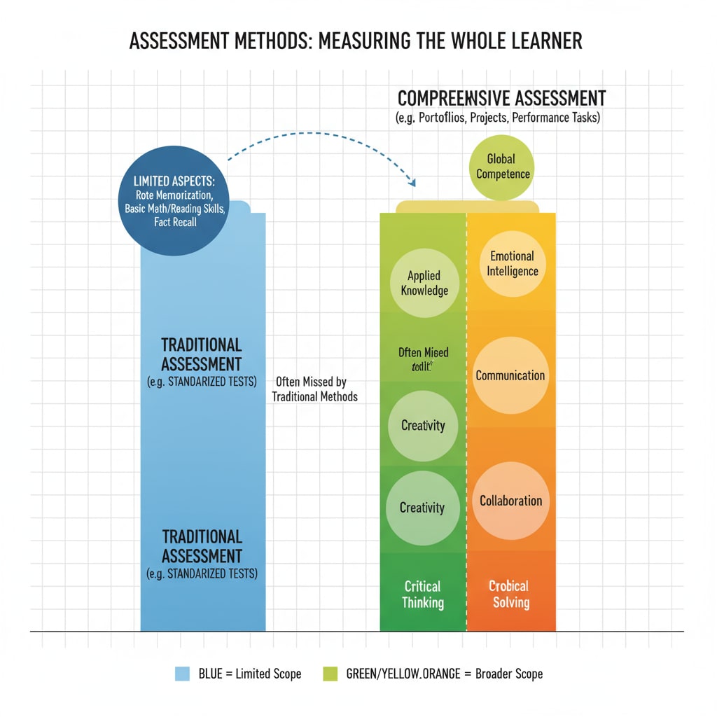 A graph showing the limited aspects covered by traditional education assessment. The graph compares traditional assessment (such as standardized tests) with more comprehensive assessment methods in terms of what skills and knowledge they measure. Graph comparing traditional and comprehensive education assessment for student ability measurement and teaching strategies evaluation