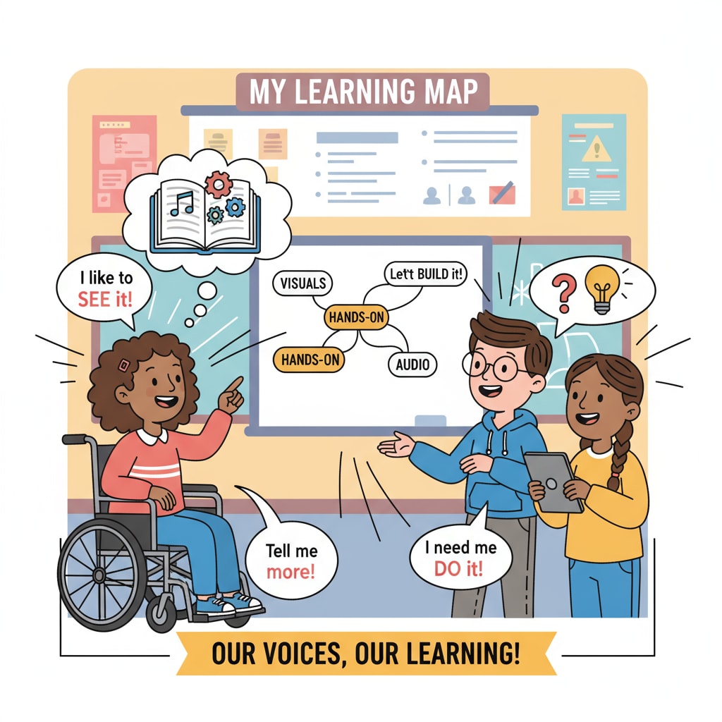 A group of special education students are engaged in a lively discussion about their learning preferences, showing their enthusiasm for having a say in their education. Special education students exercising their autonomy in learning preference discussions