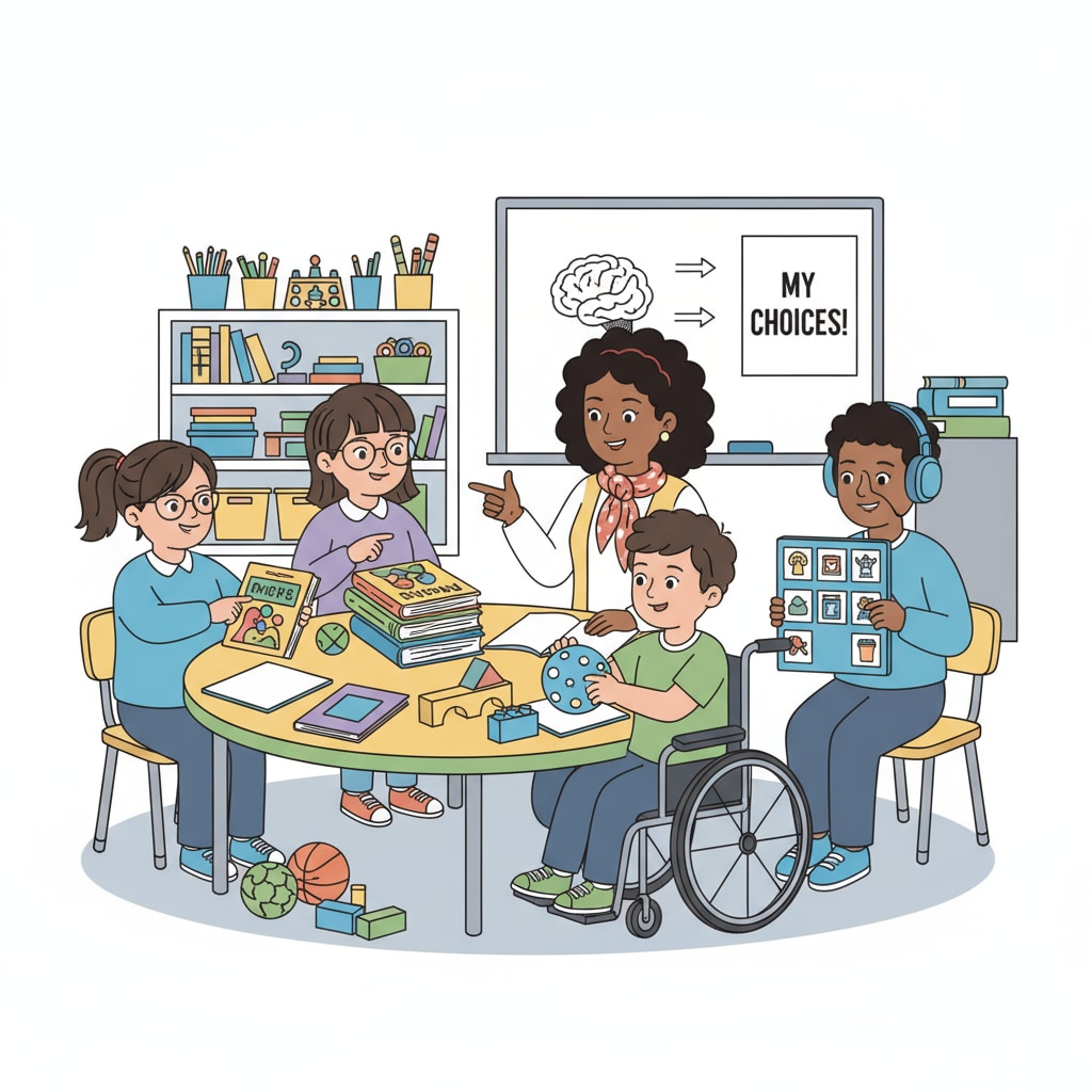 Special education students are seen selecting their favorite learning materials, indicating their ability to make choices in their educational activities. Special education students making choices about learning materials as an example of autonomy