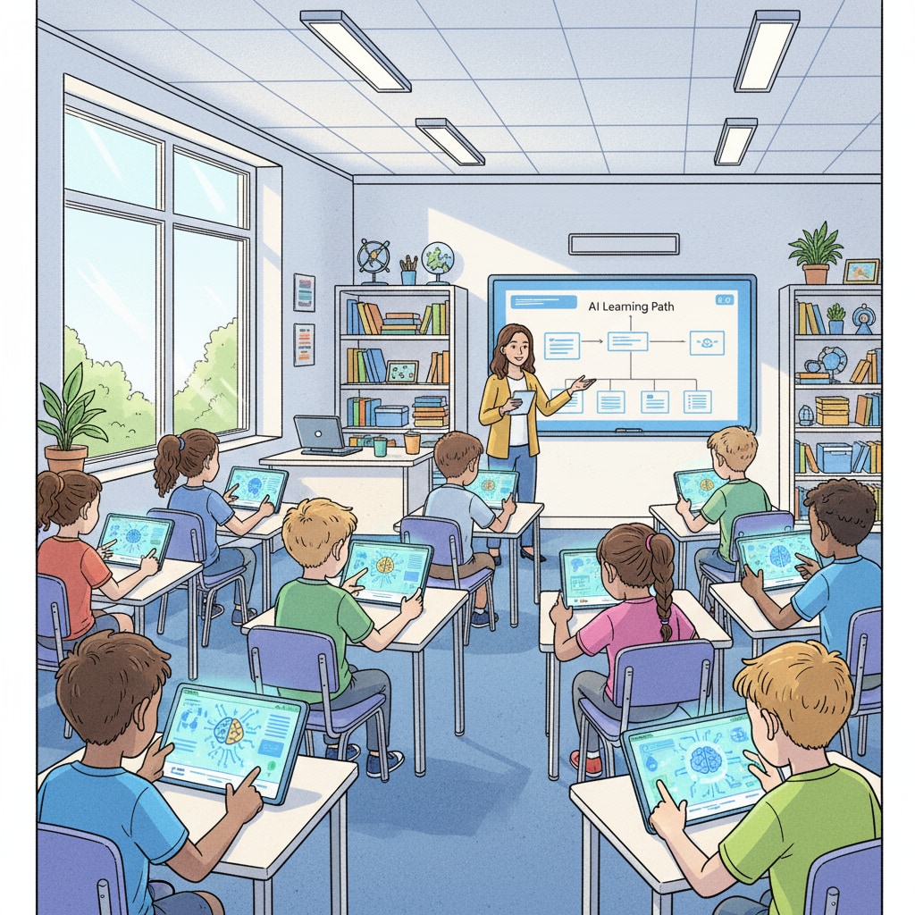 Students using AI tools for personalized learning in a K12 classroom, promoting critical thinking