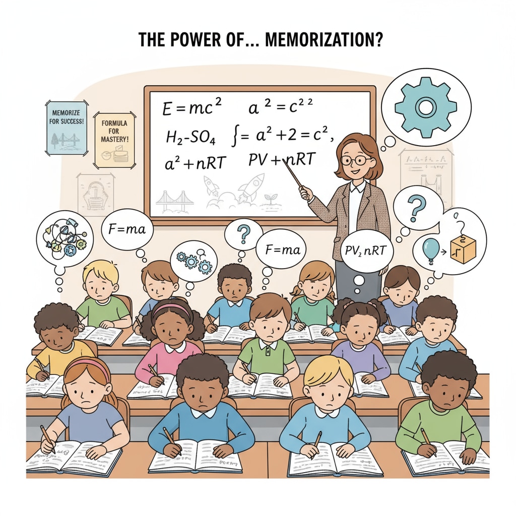 Students memorizing formulas in a classroom, highlighting the lack of practical connection in school education