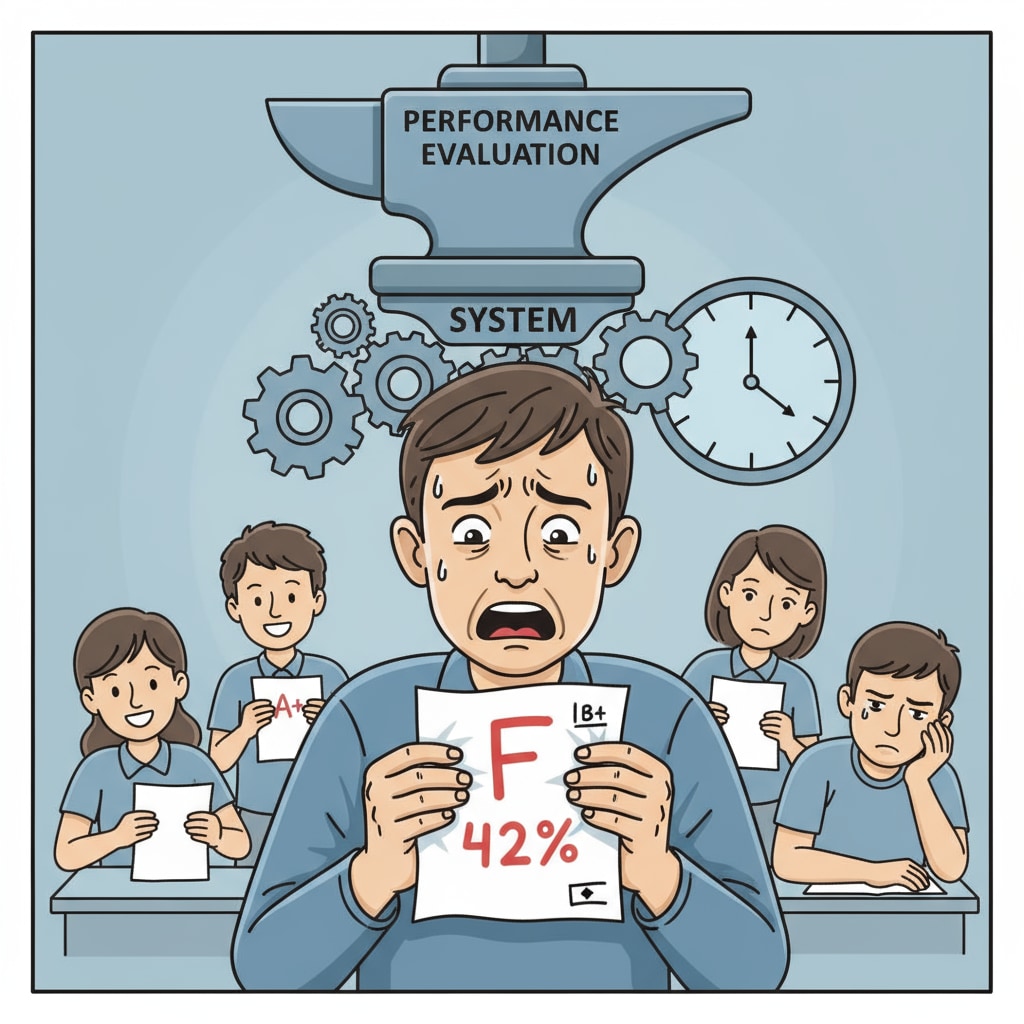 A stressed student receiving a graded test paper, showing the impact of the performance evaluation system