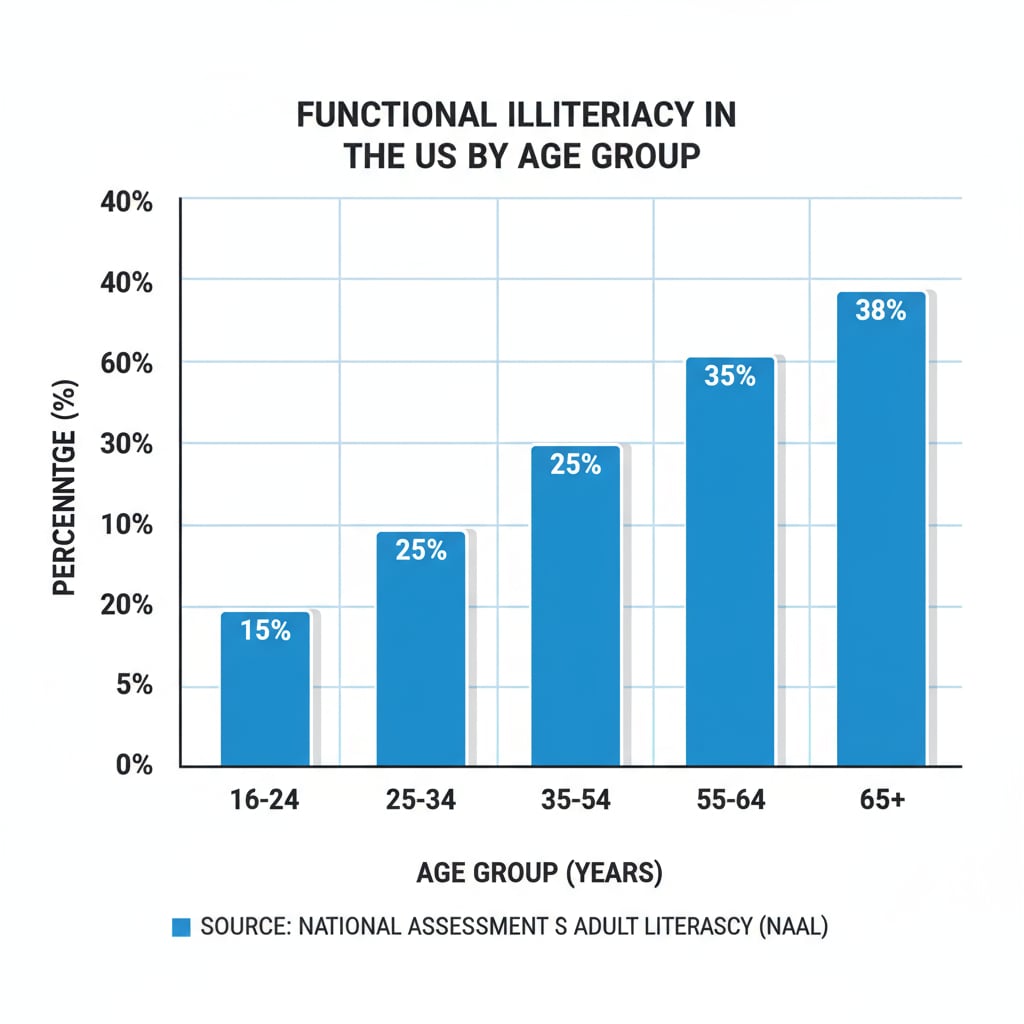 Graph highlighting the prevalence of functional illiteracy among different age groups in the US as part of the education crisis.