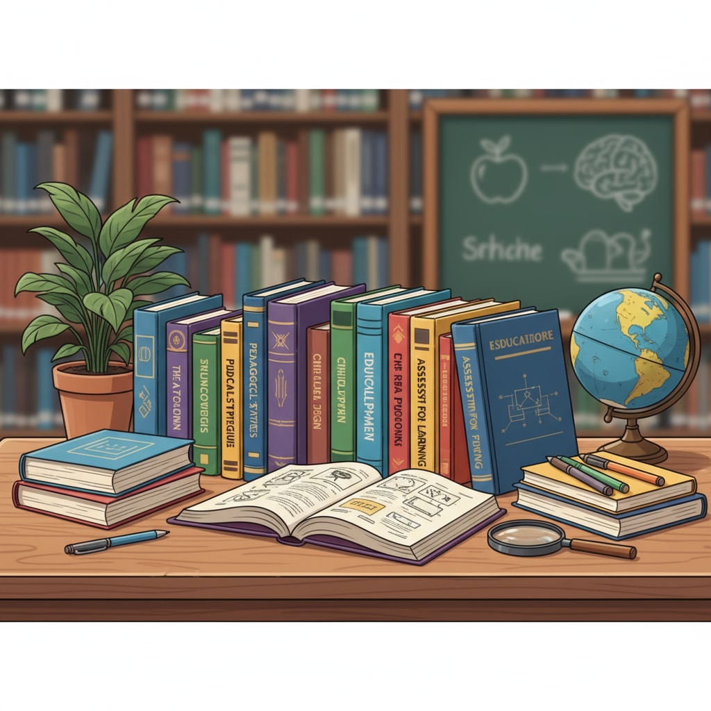 A collection of educational textbooks neatly arranged on a wooden table, showing various titles related to pedagogy. Educational textbooks for K12 educators as recommended resources in pedagogy