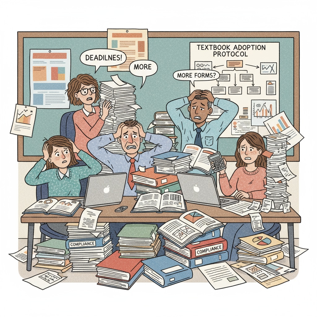 A group of educators looking overwhelmed while dealing with paperwork related to compliance reports. Educators struggling with compliance report paperwork due to traditional tools and heavy workload in K12 schools