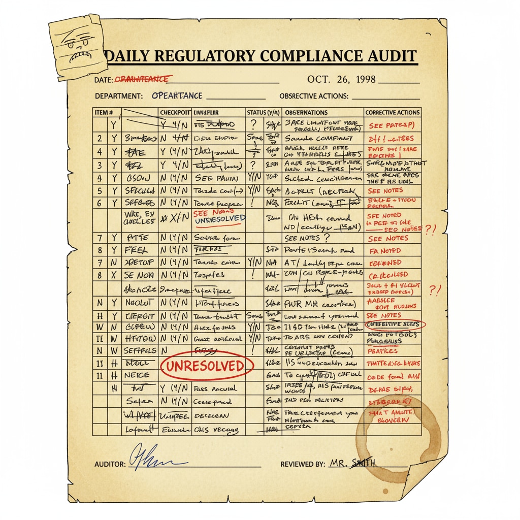 An old paper-based compliance report form with messy handwriting and corrections, highlighting the inefficiencies of traditional tools. An outdated paper-based compliance report form showing limitations in K12 school compliance management