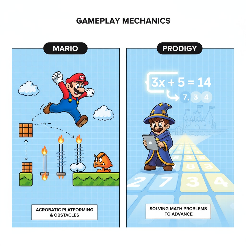 Gameplay mechanics comparison of Mario and Prodigy in educational games
