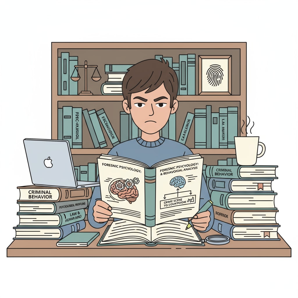 A student studying forensic psychology textbooks in preparation for the university path and career