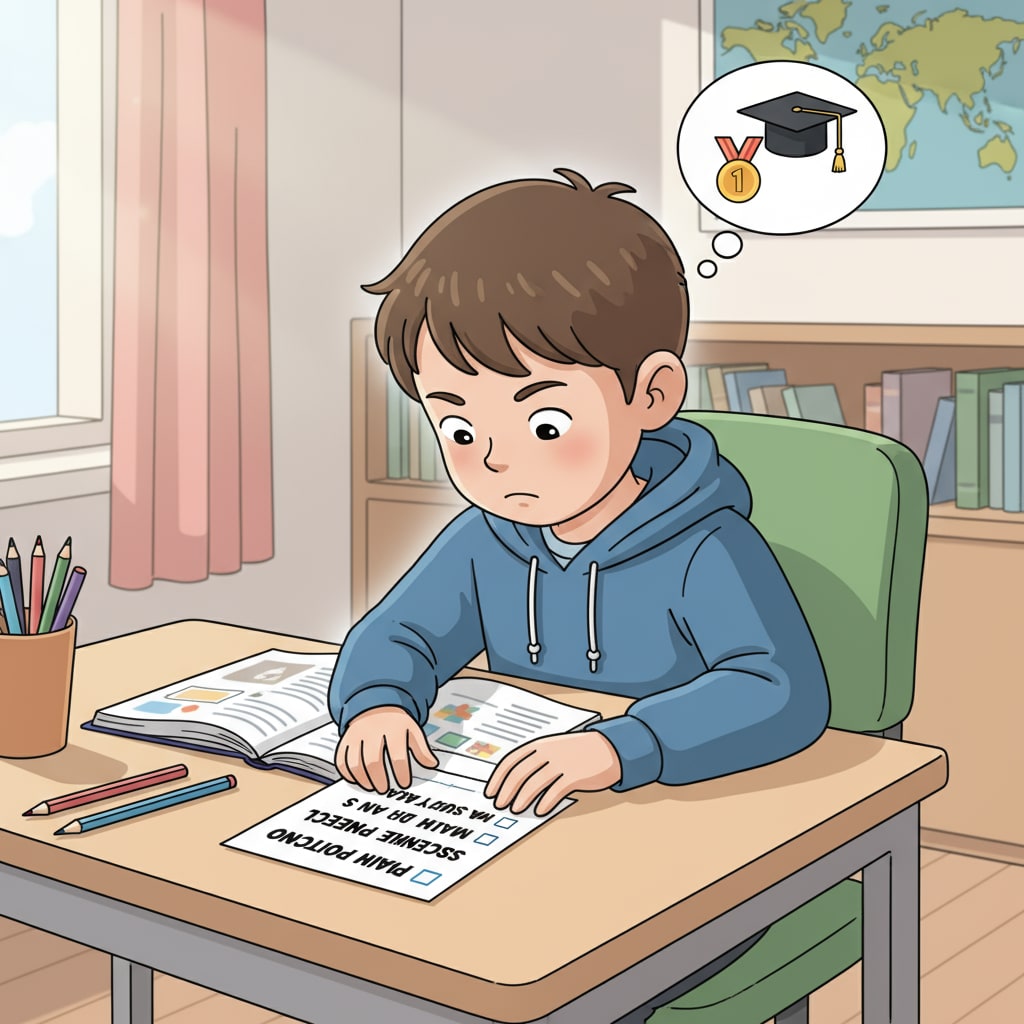 A child is sitting at a study desk, looking intently at a small study plan written on a piece of paper, showing determination to achieve their goals. A child showing learning motivation by looking at a small study plan with determination, emphasizing small steps and persistence.