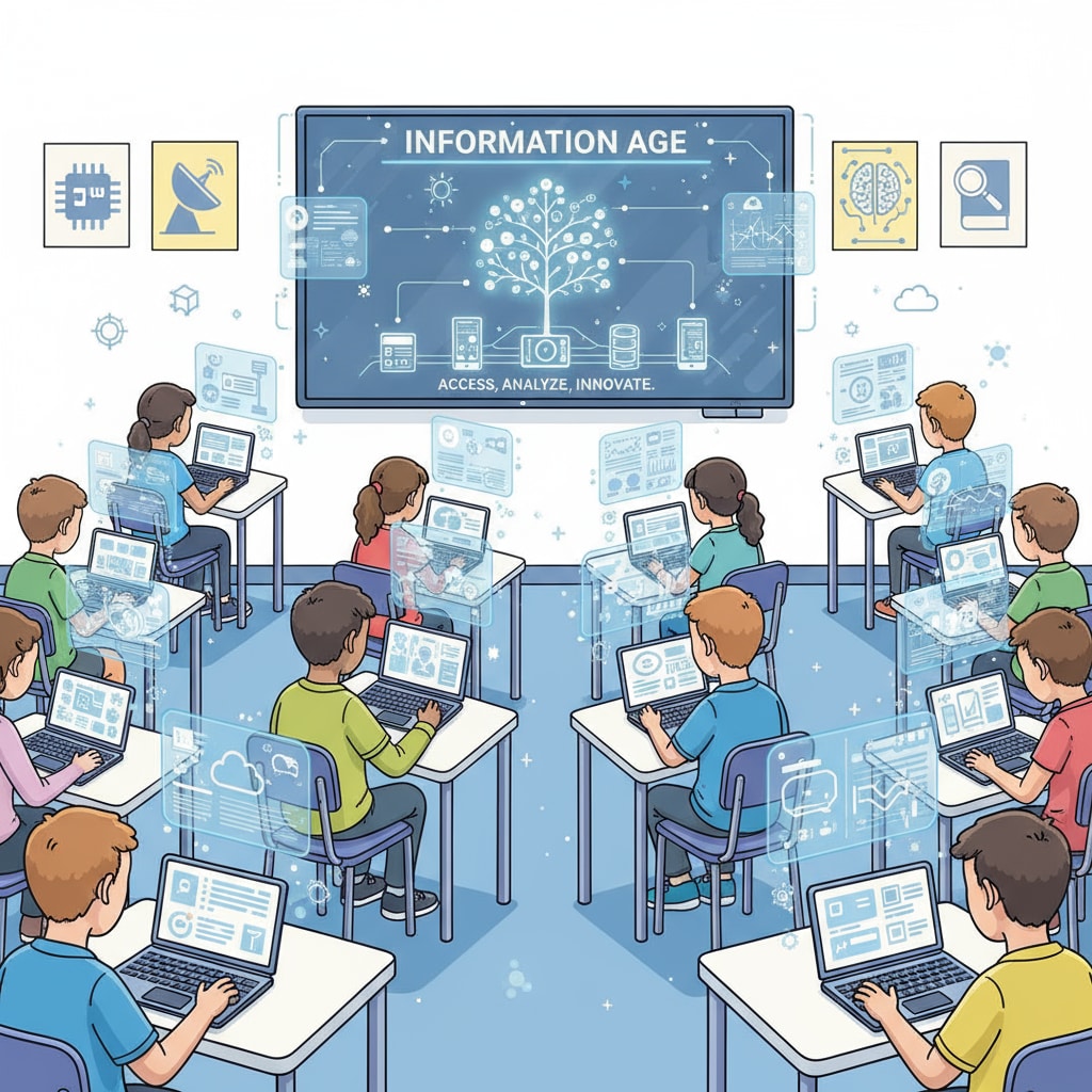 A classroom scene shows students using digital devices such as laptops and tablets to access information, representing the information-rich environment in the information age. Classroom scene with students accessing information in the information age for education reform and values exploration