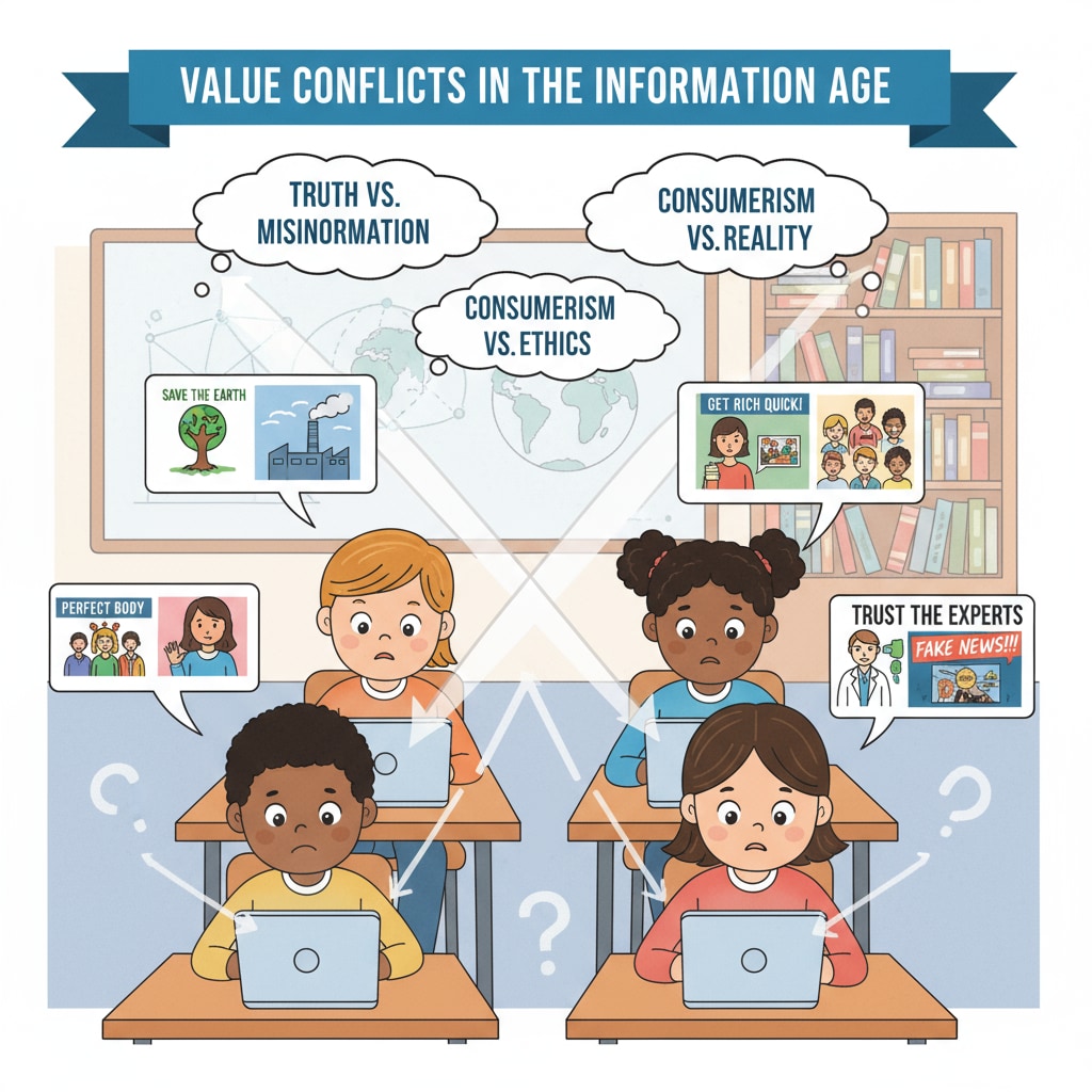 Students are sitting in front of their devices, looking confused as they scroll through various online content, symbolizing the values conflicts they face in the information age. Students confused by online content in the information age highlighting values conflicts in education reform