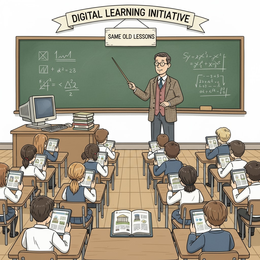 A classroom with digital devices showing the false facade of innovation in K12 education technology