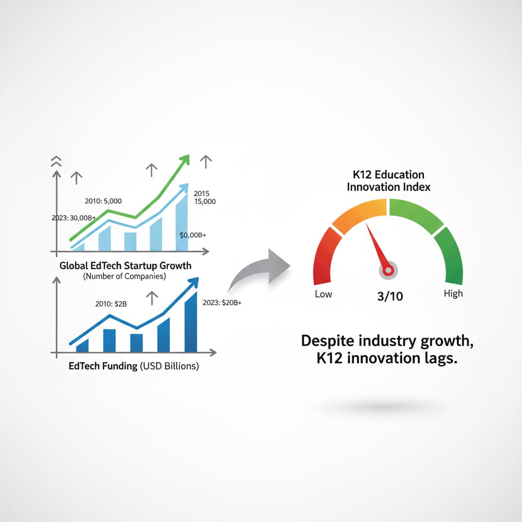 Graph depicting the growth of edtech startups and stagnant innovation in K12 education
