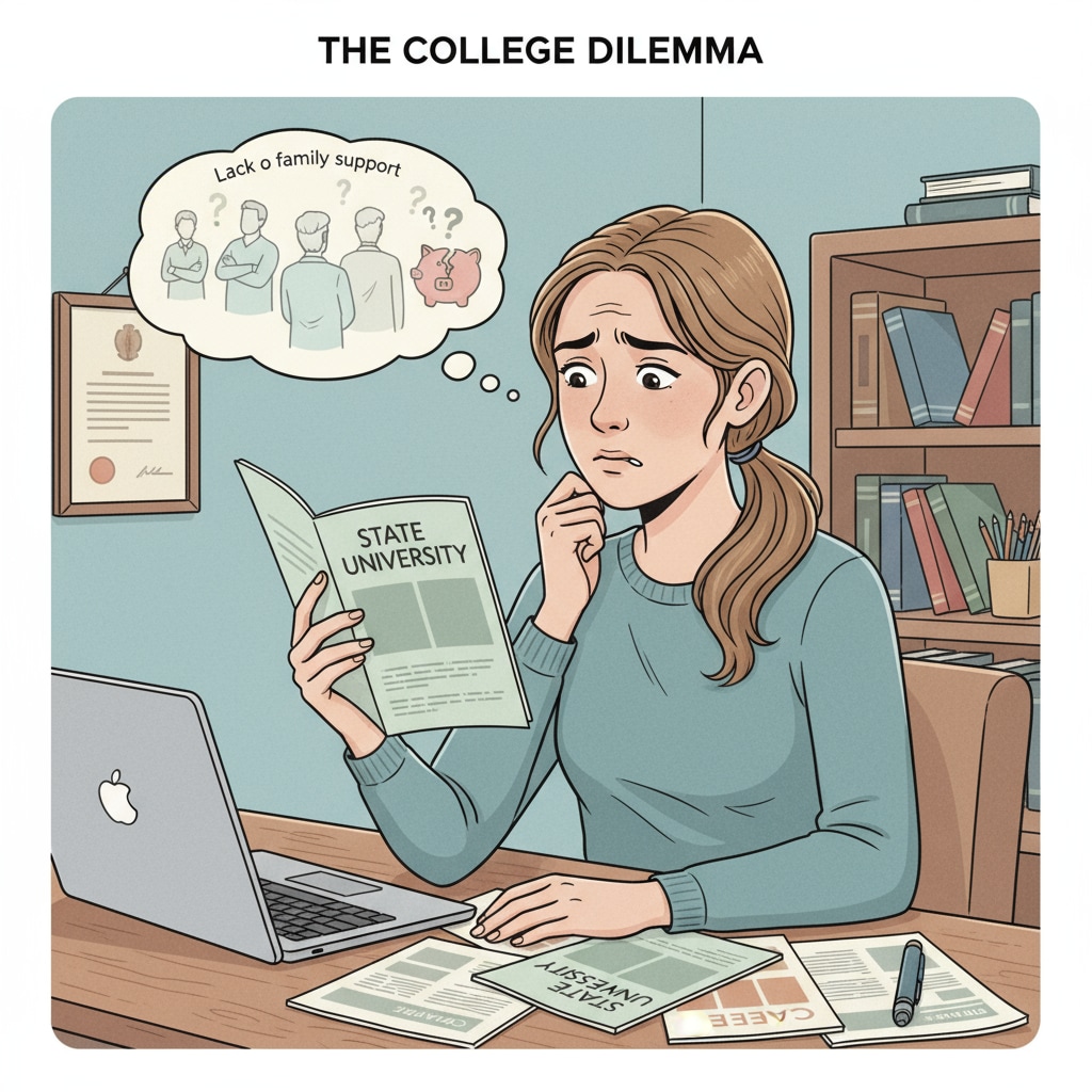 A young woman showing concern about family support for her higher education dreams