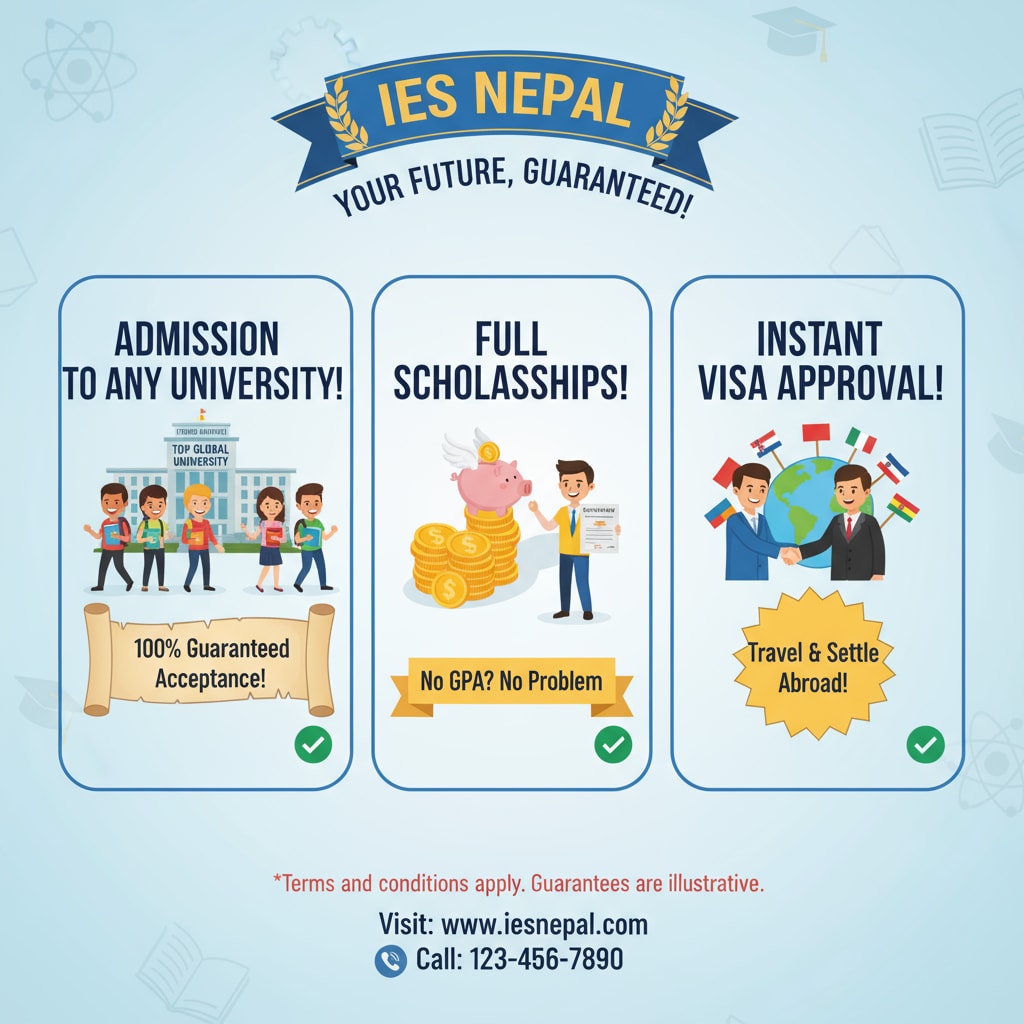Flyer of IES Nepal with false admissions promises, related to the study abroad scam.